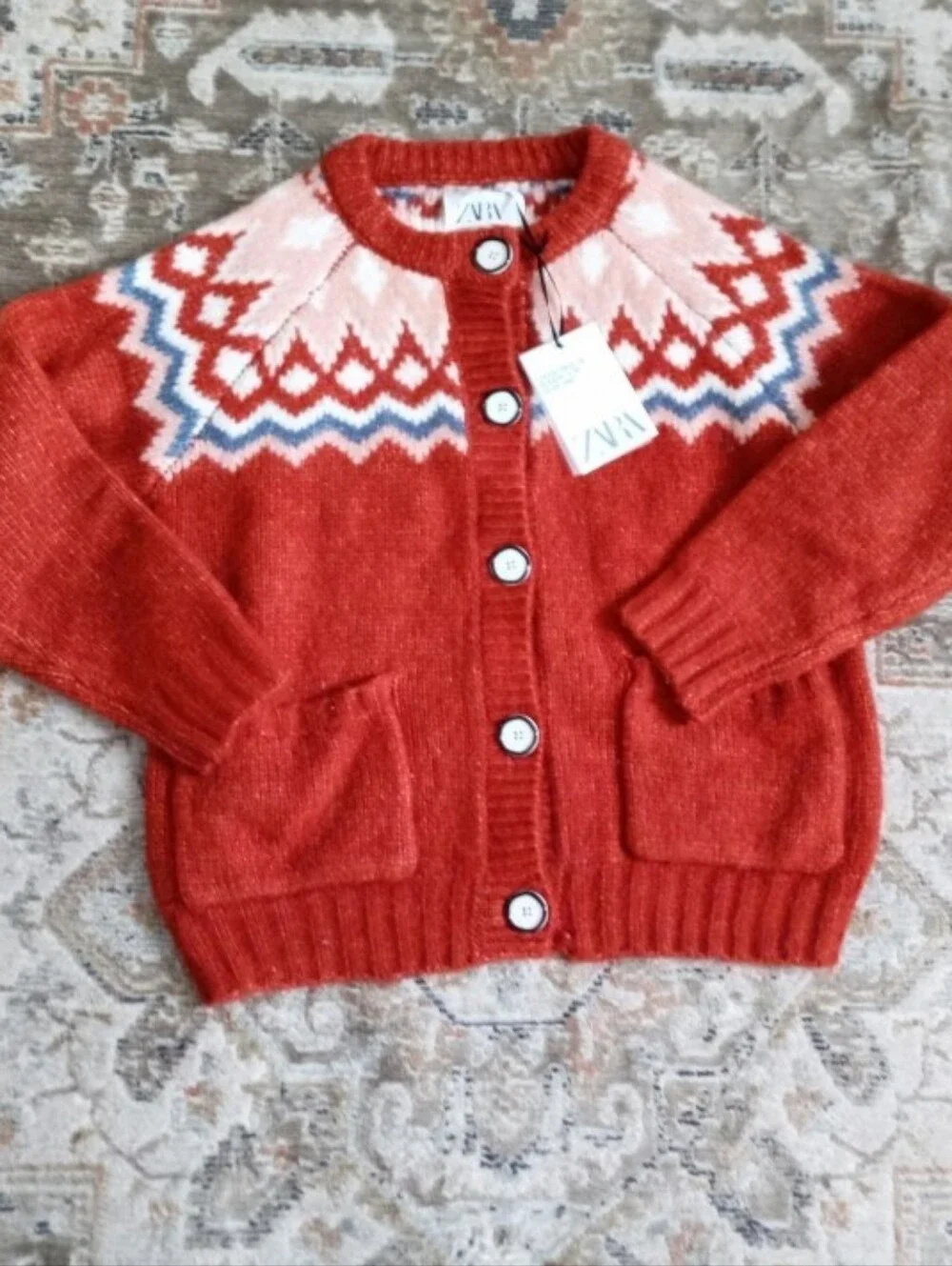 Zara limited edition knit Fair Isle rust red/orange cardigan sweater